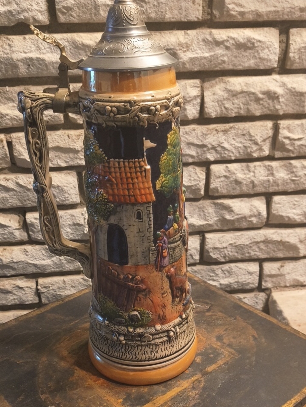 Hand-Painted Ceramic Beer Stein with Scenic Village Motif Excellent! 15in.